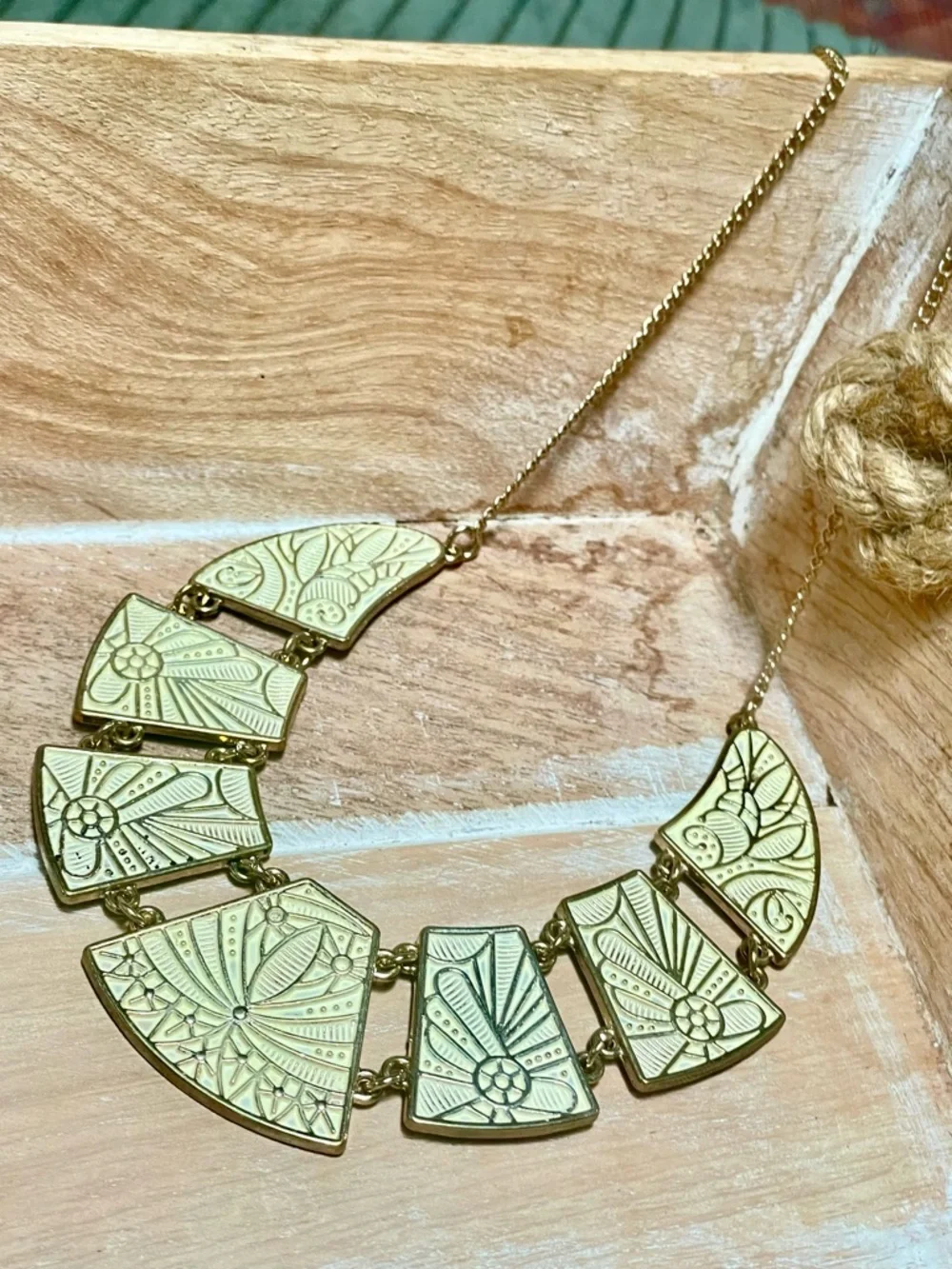 Gold-Tone Engraved Fan Pendant Statement Necklace in Pale Yellow